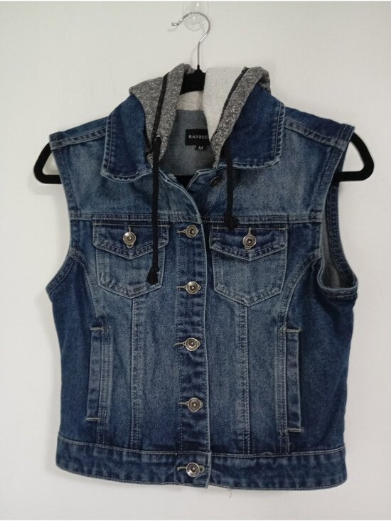 Ranbeeri Jackets & Blazers - Denim Vest With Hooded Sweater Panel Medium Ranbeeri Cotton Blend Button-Up Blue